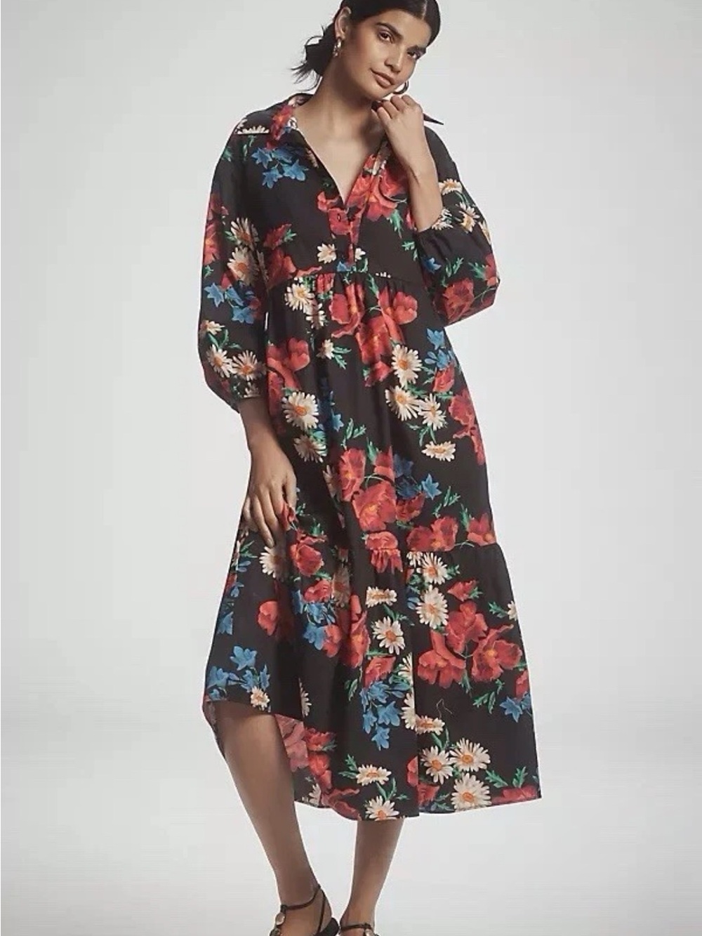 Maeve Anthropologie The Bettina Tiered Shirt Dress Floral Black Midi Size 2X